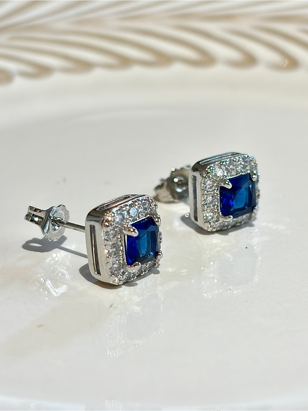 New Lab Sapphire Royal Blue Silver Tone Halo Pave Studs Earrings